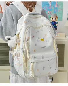 Korean style casual canvas school backpack with cute star prints, large capacity and plush charm.