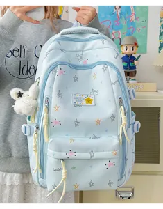Korean style star print campus backpack for students, large capacity cute blue school bag detail