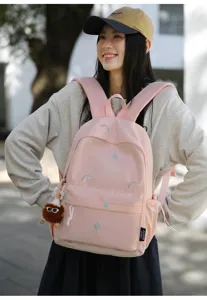 Pink cute embroidered backpack for women and girls, casual travel school bookbag daily use