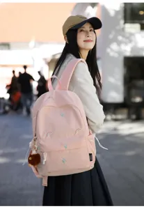 Pink cute embroidered school backpack for girls casual daily travel lightweight bag