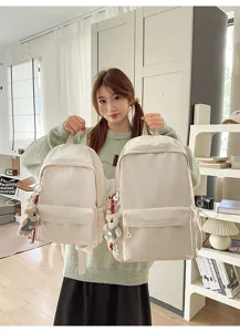 Casual canvas backpack for women cute school bookbag with adorable bear pendant stylish daily daypack