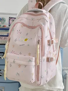 Korean style pink backpack for school girls large capacity star print campus book bag
