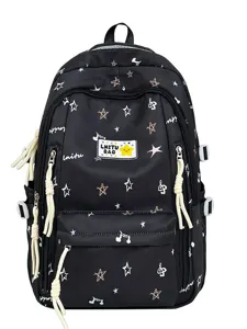 Korean style black school backpack for girls, large capacity star pattern casual daypack.