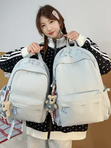 Casual Nylon Backpack Solid Color Cute Student Commuter School Bag With Pendant Fashion Travel Daypack