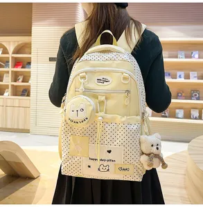 Korean style polka dot student backpack detail showcasing large capacity casual campus bookbag.