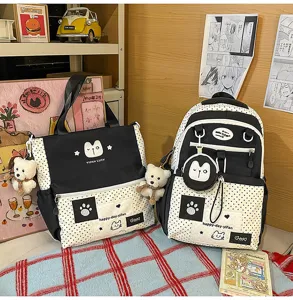 Korean ins cute polka dot backpack and tote bag set for students, casual stylish school bag.
