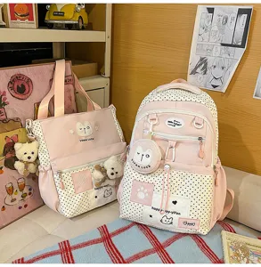 Korean ins style polka dot schoolbag set, large capacity cute casual backpack and tote.
