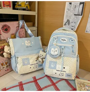 Korean ins style polka dot backpack and tote bag set, cute cat embroidery, large school bag.