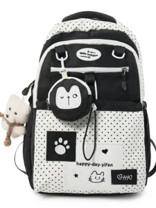 Black and white polka dot backpack with cute bear pendant, large capacity school bag for girls.