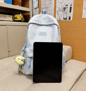 Light blue polka dot canvas school backpack daily casual daypack student bag