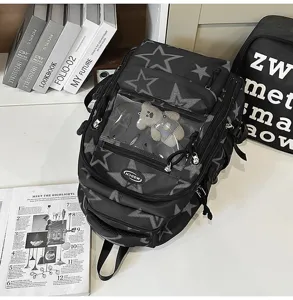 Japanse ins stijl zwarte ster bedrukte rugzak voor dames, studenten schooltas metdoorzichtige zak.
