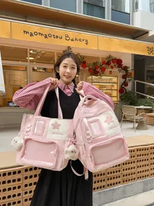 Sweet pink ita backpack and tote set detail view, featuring clear display pockets and cute stars.