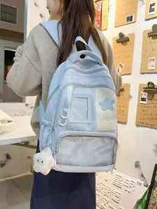 Cute Japanese style ita backpack with clear window star patch light blue school bag