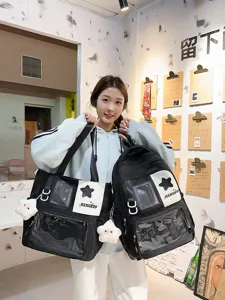 Japanese ins style black backpack and tote bag set with clear window for daily school use.