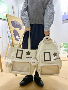 Detail view of the Japanese style ita backpack and tote set with clear window and charm.