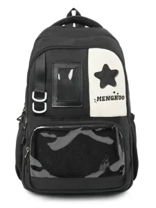 Black white ita backpack school student star patch transparent pocket casual daypack aesthetic book bag