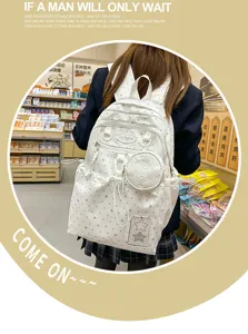 Zaino scolastico in stile coreano carino per ragazze, motivo a stelle bianco con borsetta.