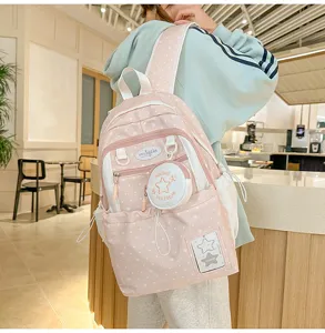 Zaino scolastico rosa con motivo a stelle per ragazze, grande borsa in stile dolce e carino.