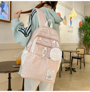 Zaino scolastico rosa a pois con mini tasca, dolce stile coreano carino per le ragazze.