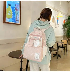 Zaino scolastico rosa a pois con tasca anteriore e portamonete per ragazze in stile coreano