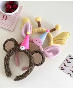 Schattige pluche cartoon dieren haarband met verjaardagshoed lamsvacht zoete haaraccessoires