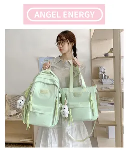 Ensemble de sac à dos et fourre-tout en toile vert clair pour étudiantes adolescentes.