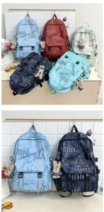 Casual large capacity student backpack with stylish letter print and cute bear pendant.