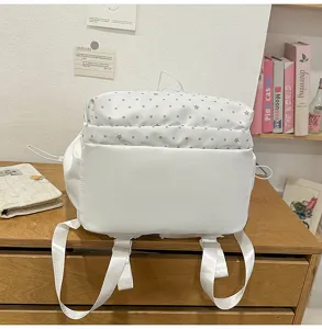 Zaino scolastico bianco casual con pois grigi e stelle, stile coreano dolce grande capacità.