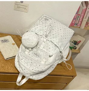 Zaino scolastico bianco con stampa di stelle e pratica pochette, grande capacità.