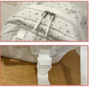 Dettaglio zaino bianco con motivo di stelle e pois, cerniere e spallacci resistenti.