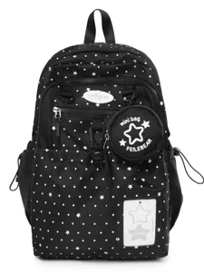 Zaino nero con motivo a stelle, mini borsetta rotonda e tasche multiple per l'uso quotidiano.