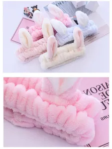 Cute plush bunny ear headband for women, soft fuzzy makeup hair band for washing face spa skincare.