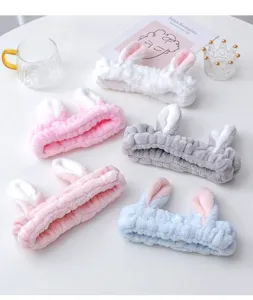 Soft plush rabbit ear headband cute bow hair band for face washing makeup daily wear.