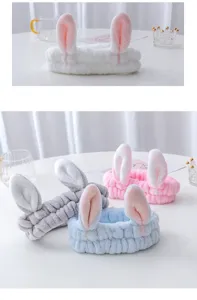 Cute plush bunny ear headband for face washing, soft makeup hair accessory for women.