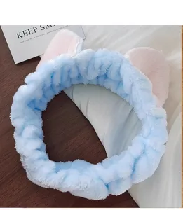 Süßes flauschiges Katzenohren Stirnband in Blau Rosa für Gesichtsreinigung und Make-up.