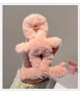 Fluffy pink hair claw clip plush winter shark clip hair accessory for women half updo styling
