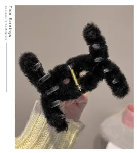 Fluffy black hair claw clip cute plush shark clip winter hair accessories for women