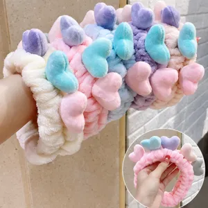 Cute plush heart headband for face washing, soft coral fleece makeup hair band for women and girls.