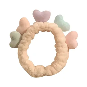 Cute pastel plush heart headband for women face washing makeup soft fuzzy hair hoop pink