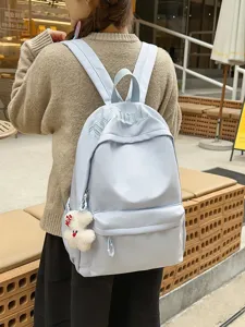 Japanese style large capacity school backpack for women in light blue with cute bear pendant