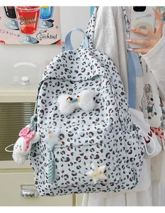 Japanese style cute leopard print canvas backpack with plush bunny and star charms