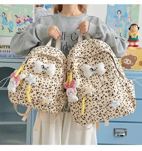 Japanese ins style leopard print backpack cute plush rabbit pendant student school bag