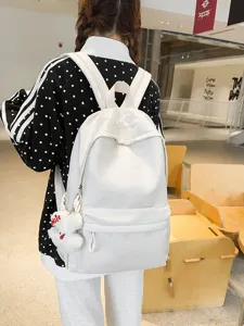 Japanese style white casual backpack for school students, minimalist daily daypack.