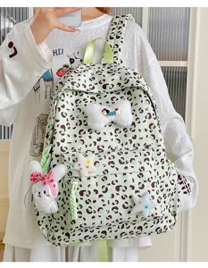Japanese fresh green leopard print backpack cute kawaii student school bag with plush charms