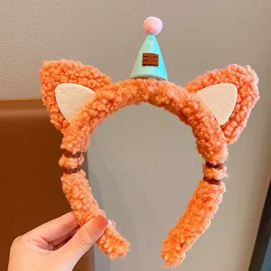 Schattige oranje lamswol pluche cartoon dierenoor haarband met feestmuts haaraccessoire