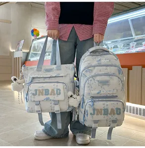 Set zaino da scuola e borsa shopper in stile cinese per ragazze, grande borsa per studenti.