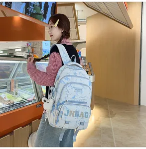 Zaino scolastico grande capacità stile cinese stampa blu, multi-tasche dettaglio.