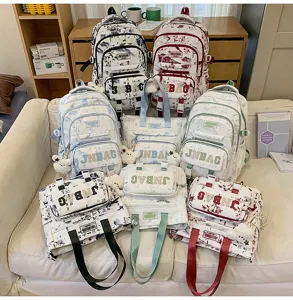 Set zaino in tela in stile cinese con grande capacita borsa scolastica e borse abbinate per studenti.