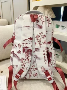 Zaino in tela in stile cinese con stampa di bambù e uccelli, grande zaino casual giornaliero.