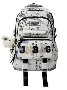 Zaino scolastico grande capacità stile cinese pittura a inchiostro con grazioso ciondolo peluche.
